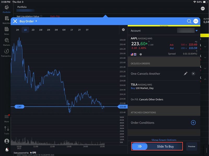 The OCA slide to submit buy order on the iPad